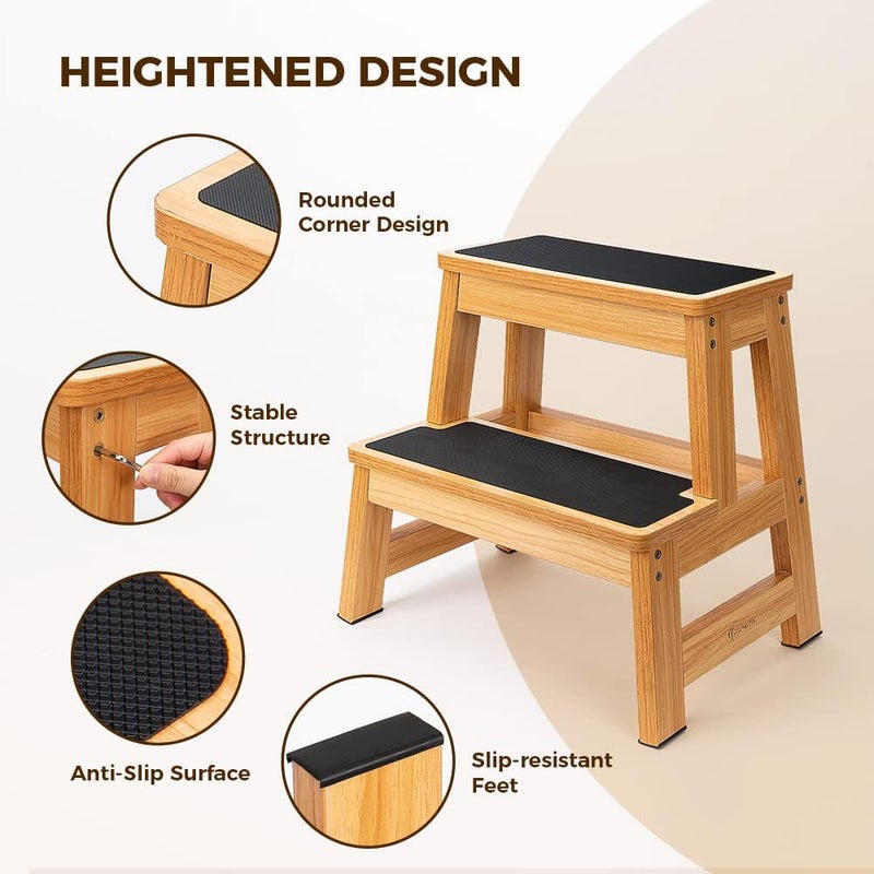 StrongTek Wood Step Stool, 17" Tall Two-Step Design for Adults & Kids, Heavy-Duty 500 lbs Capacity with Non-Slip Steps, Ideal for Kitchen, Bedside & Bathroom Use - Image 4